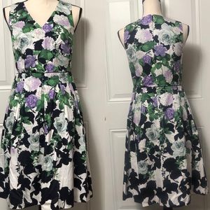 Talbots Floral Fit-and-Flare Midi Dress in Black, White & Purple